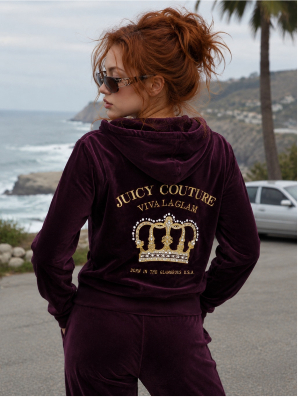 Juicy Couture Purple Velour Zip Up Hoodie Viva La Glam Crown Medium Gold Baddie